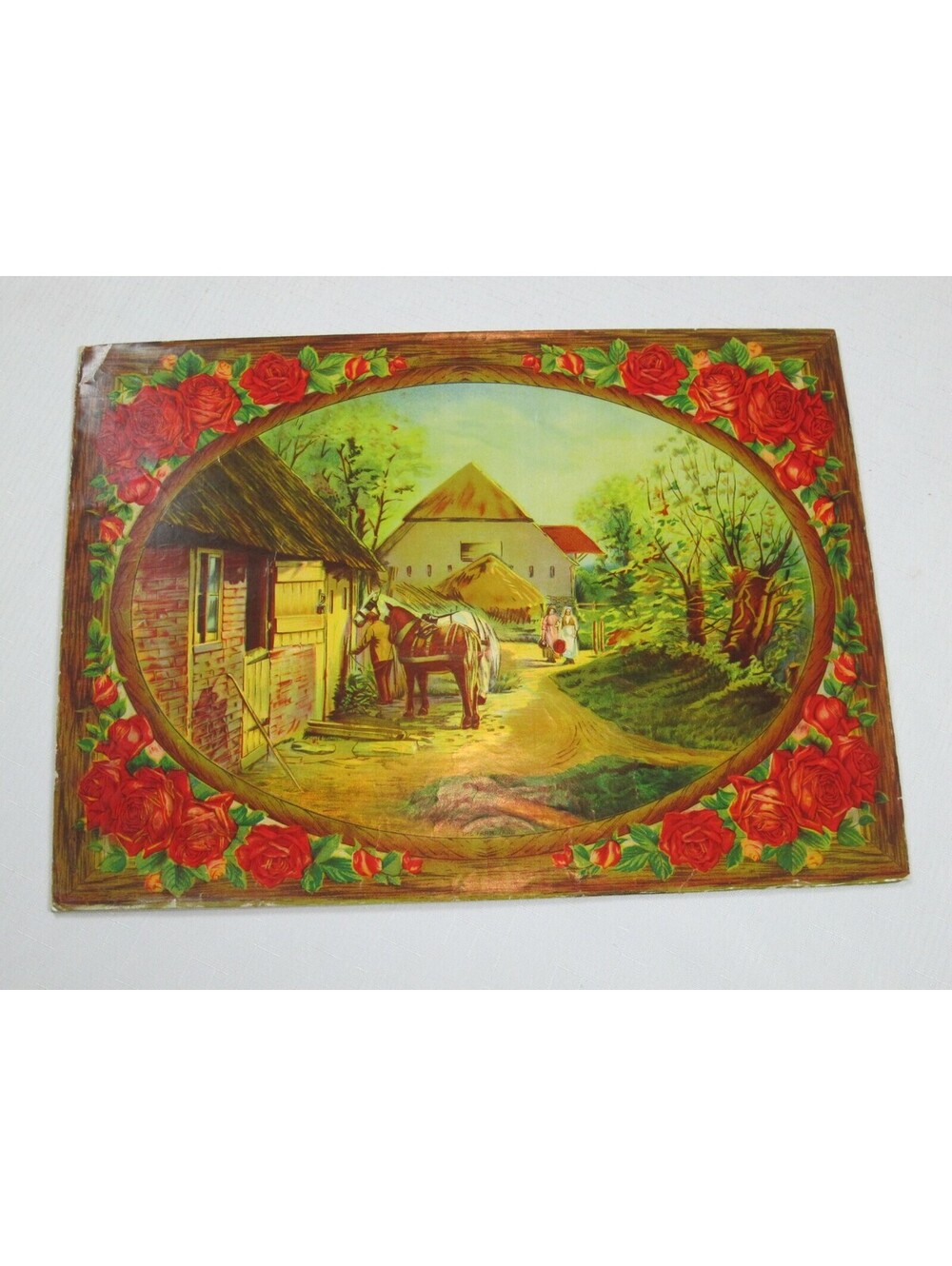 Vintage The Farm Yard Chromolithograph Print Victorian Country Horse Scene 16x12